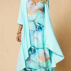 Spring/Summer 2-Piece Set Solid Open Front Coat & Marble Print V-Neck Dress