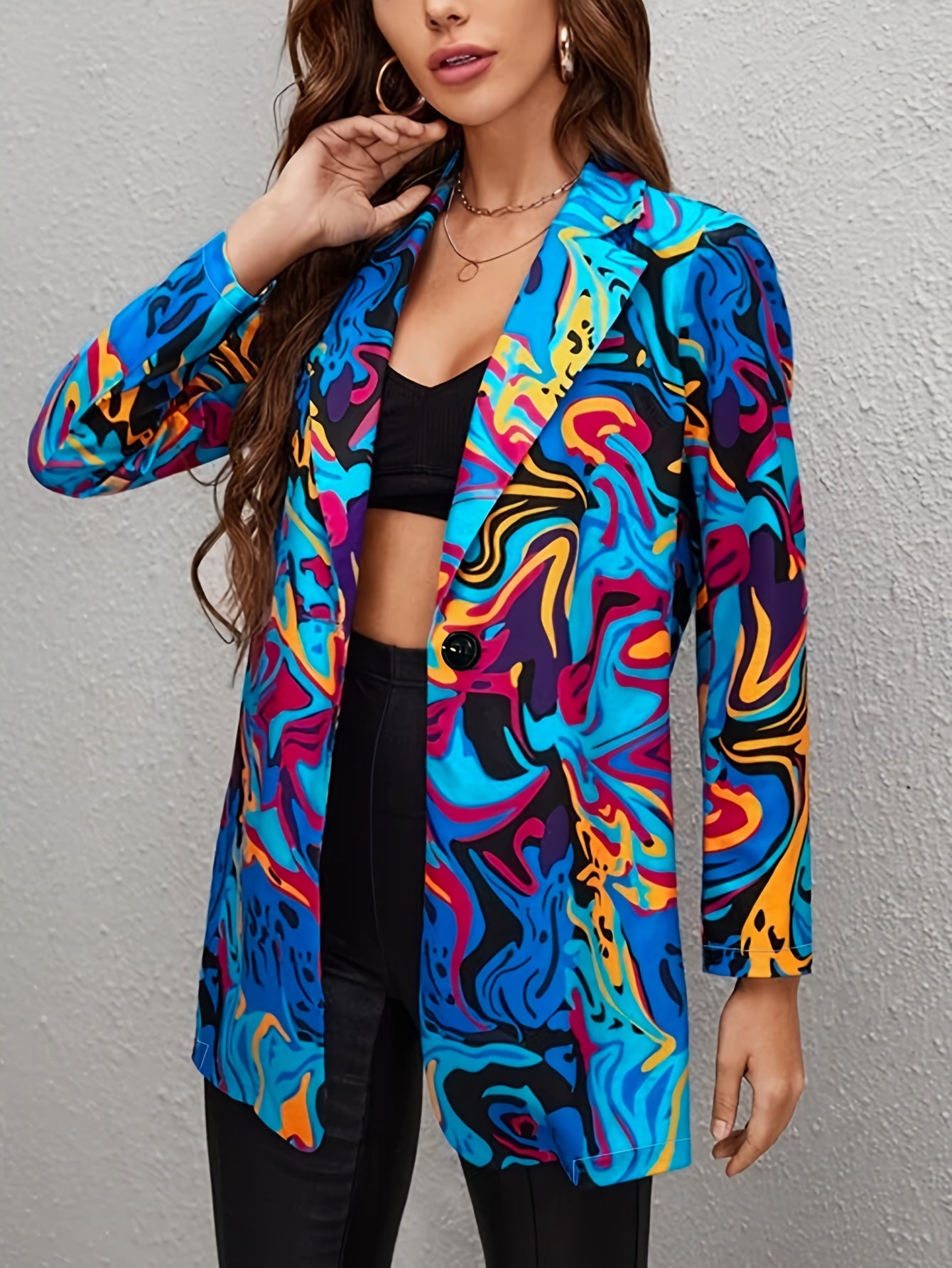 Abstract Print Button Front Blazer Long Sleeve Blazer For Office