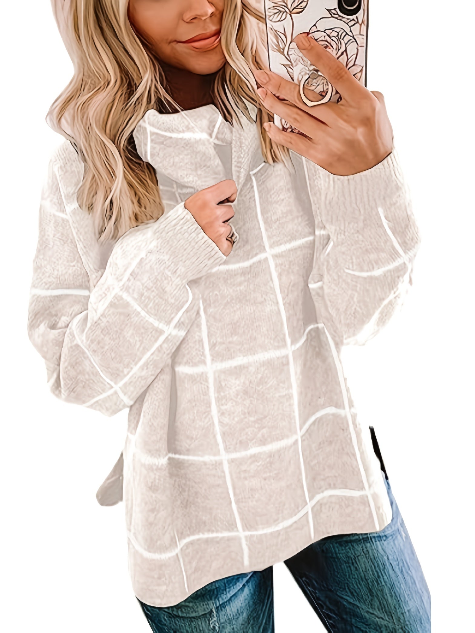 Grid Print Turtleneck Sweater Women's Long Sleeve Jumper
