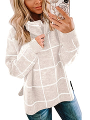 Grid Print Turtleneck Sweater Women's Long Sleeve Jumper