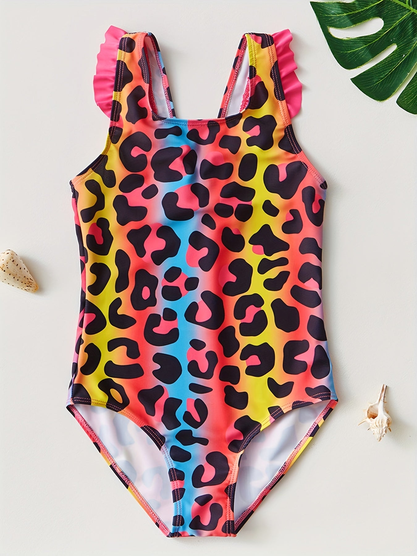 Toddler Girls Leopard Graphic Swimsuit Ruffled Trim