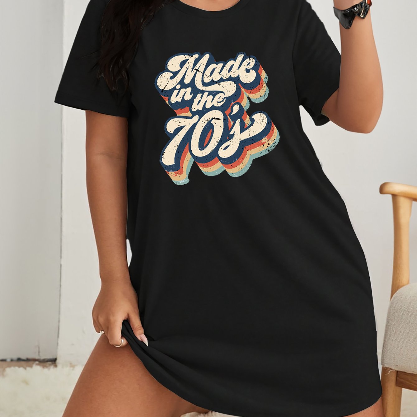 '70s' Letter Print Short Sleeve Sleep Dress