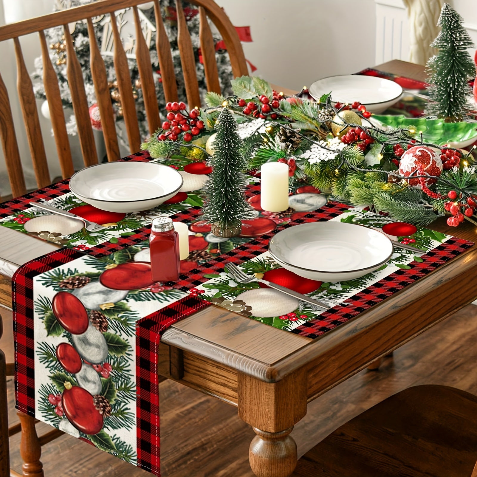 2pcs Christmas Table Decor Polyester Runner & Placemats Red Plaid Pattern Cover