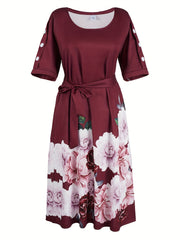 Women's Plus Floral Print Button Decor Short Sleeve Dress