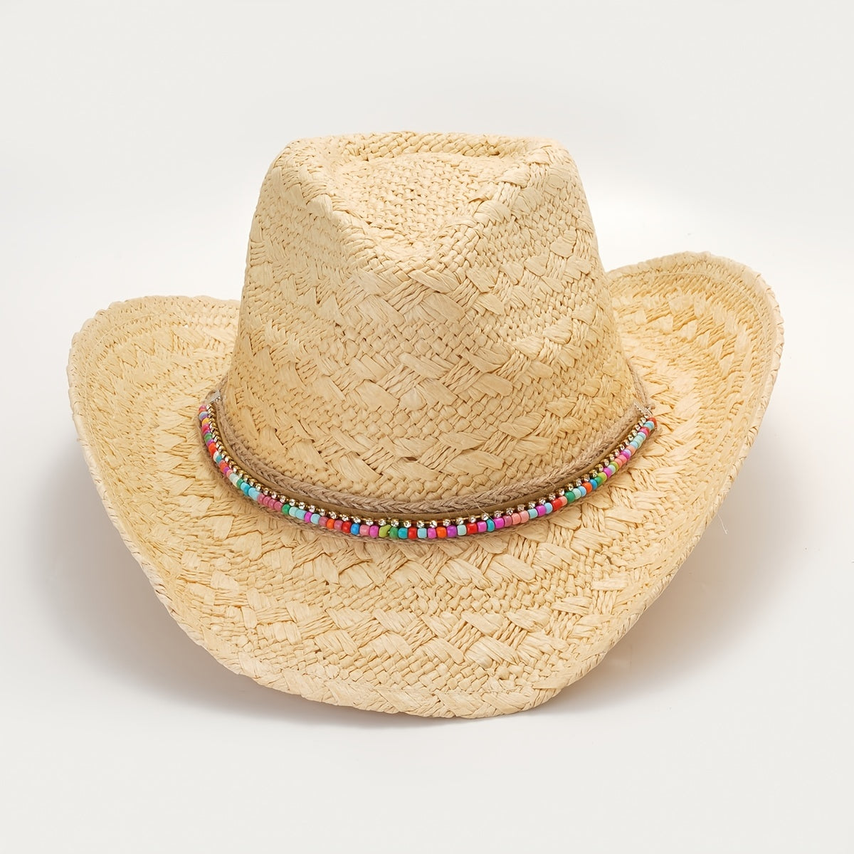 Beige Cowboy Cowgirl Hat Colorful Beads Straw Sun Hat