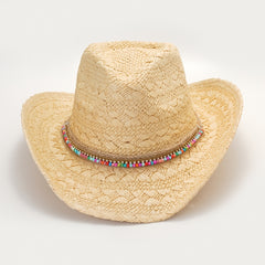 Beige Cowboy Cowgirl Hat Colorful Beads Straw Sun Hat
