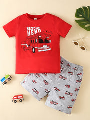 Boys Fire Truck Print T shirt & Shorts Set