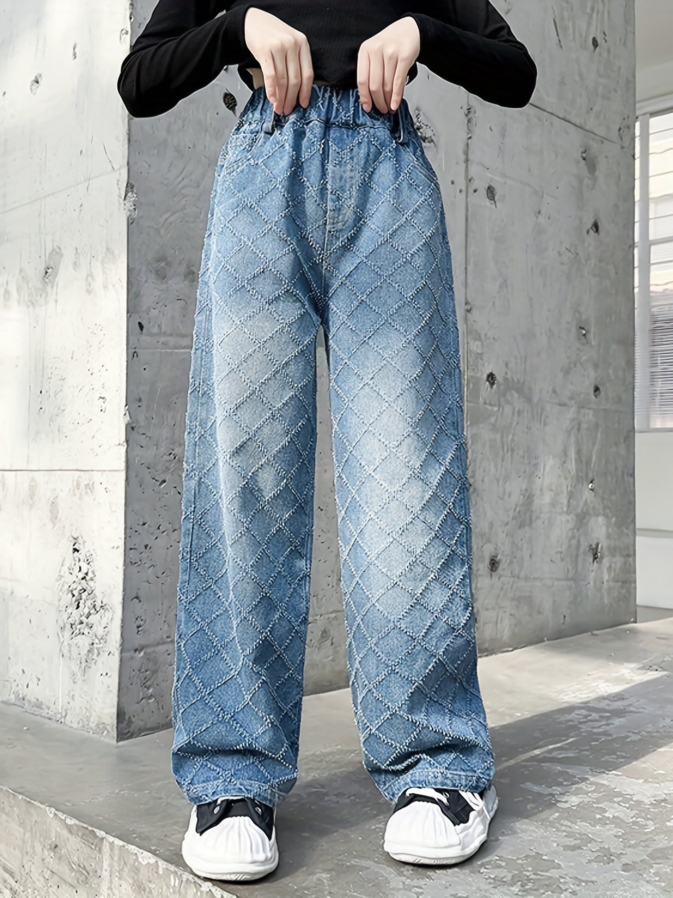 Girls Argyle Block Jean Denim Straight Leg Pants