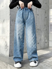 Girls Argyle Block Jean Denim Straight Leg Pants