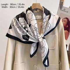 89 92cm Camellia Pattern Silk Square Scarf Sunproof Outdoor Shawl