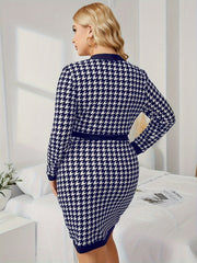 Houndstooth Print Long Sleeve V Neck Dress