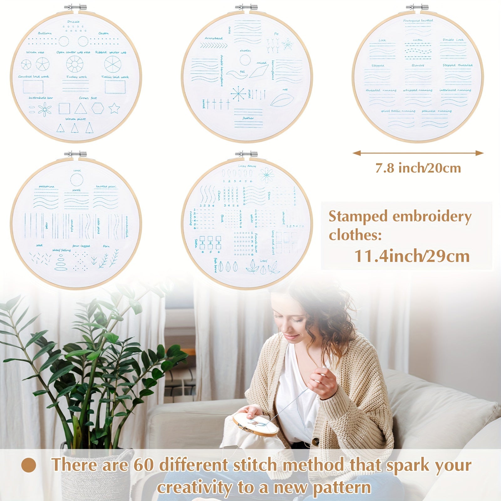5 Sets Embroidery Starters Kit For Beginners - Stamped Cross Stitch
