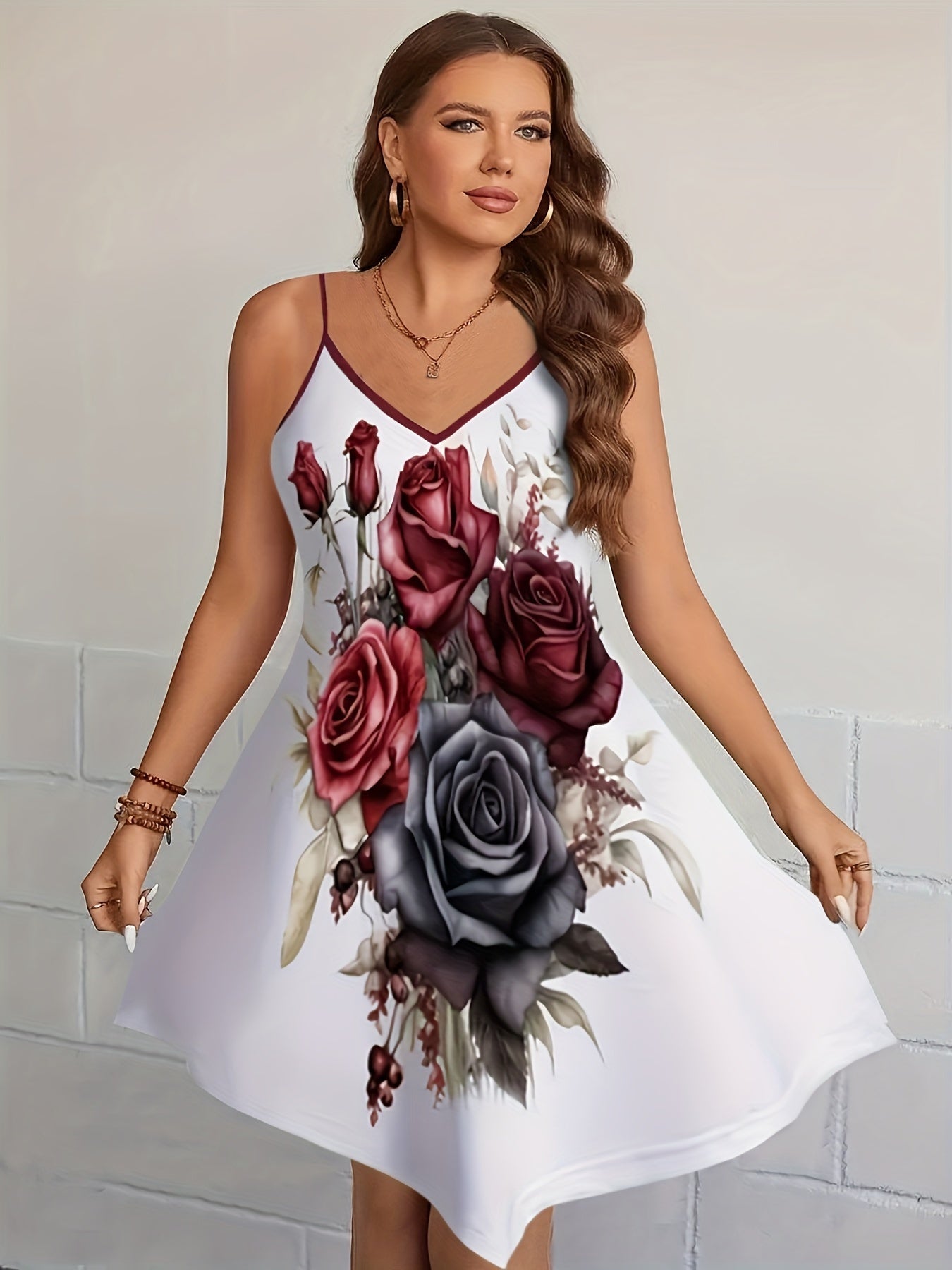 Goth Dress Women's Plus Floral & Butterfly Print V Neck Cami Dress