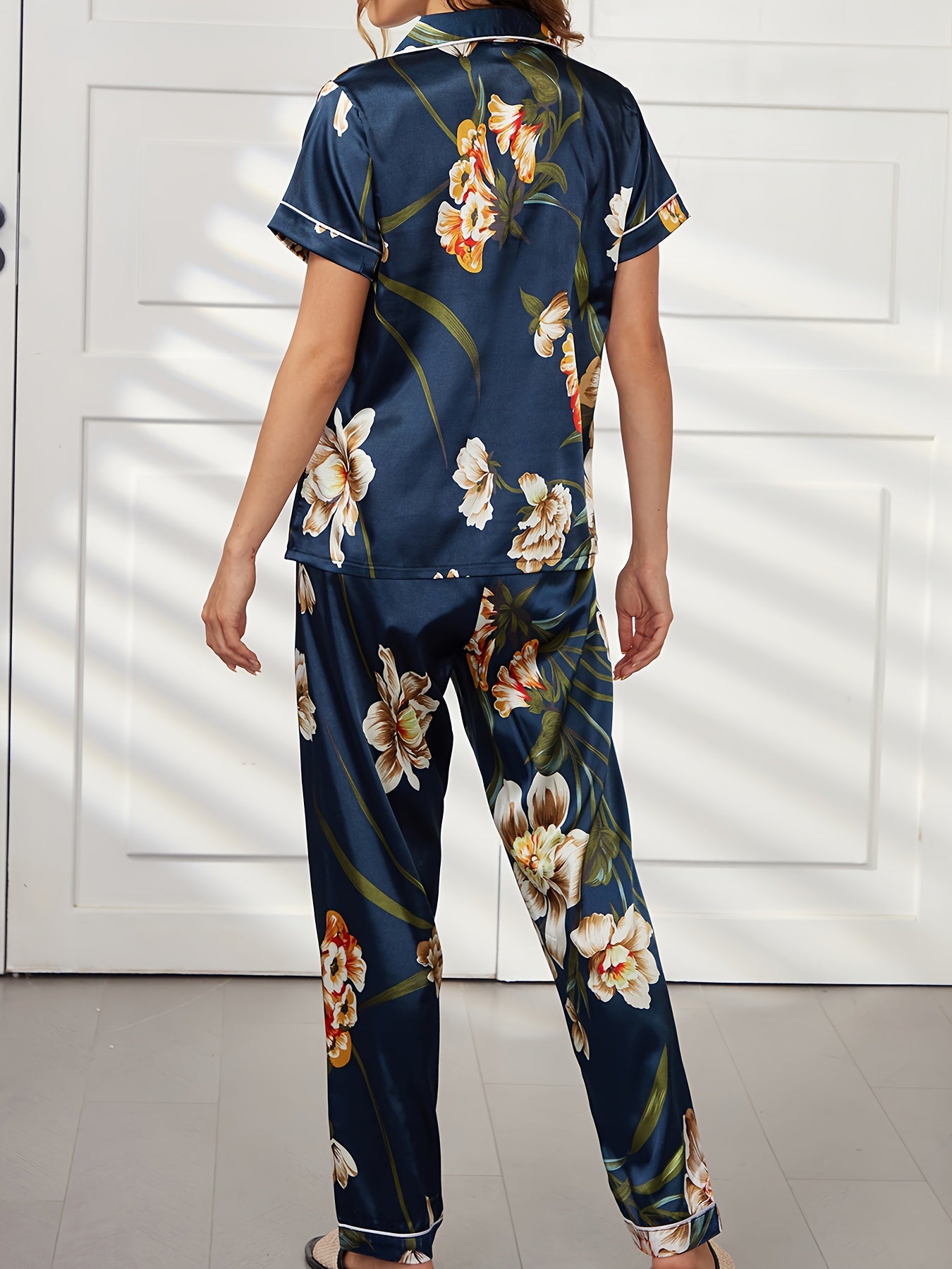 Floral Print PJ Set Short Sleeve Top & Elastic Waist Pants