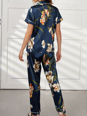 Floral Print Pajama Set Short Sleeve Buttons Top & Elastic Waistband Pants
