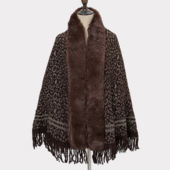Leopard Print Dark Shawl Blanket Scarf Fur Collar Cashmere Winter Warm Tassel