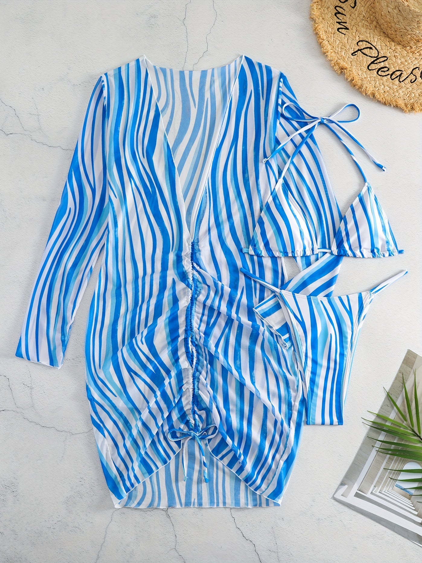 Stripes Print Halter 3 Piece Swimsuit V String Bikini Set
