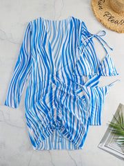 Stripes Print Halter 3 Piece Swimsuit V String Bikini Set