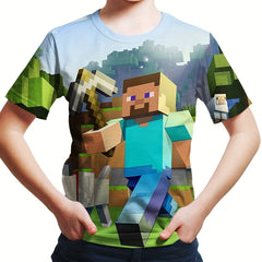 Boys 3D Building Block Printed Stylish T-shirt - Outdoor Casual Tees