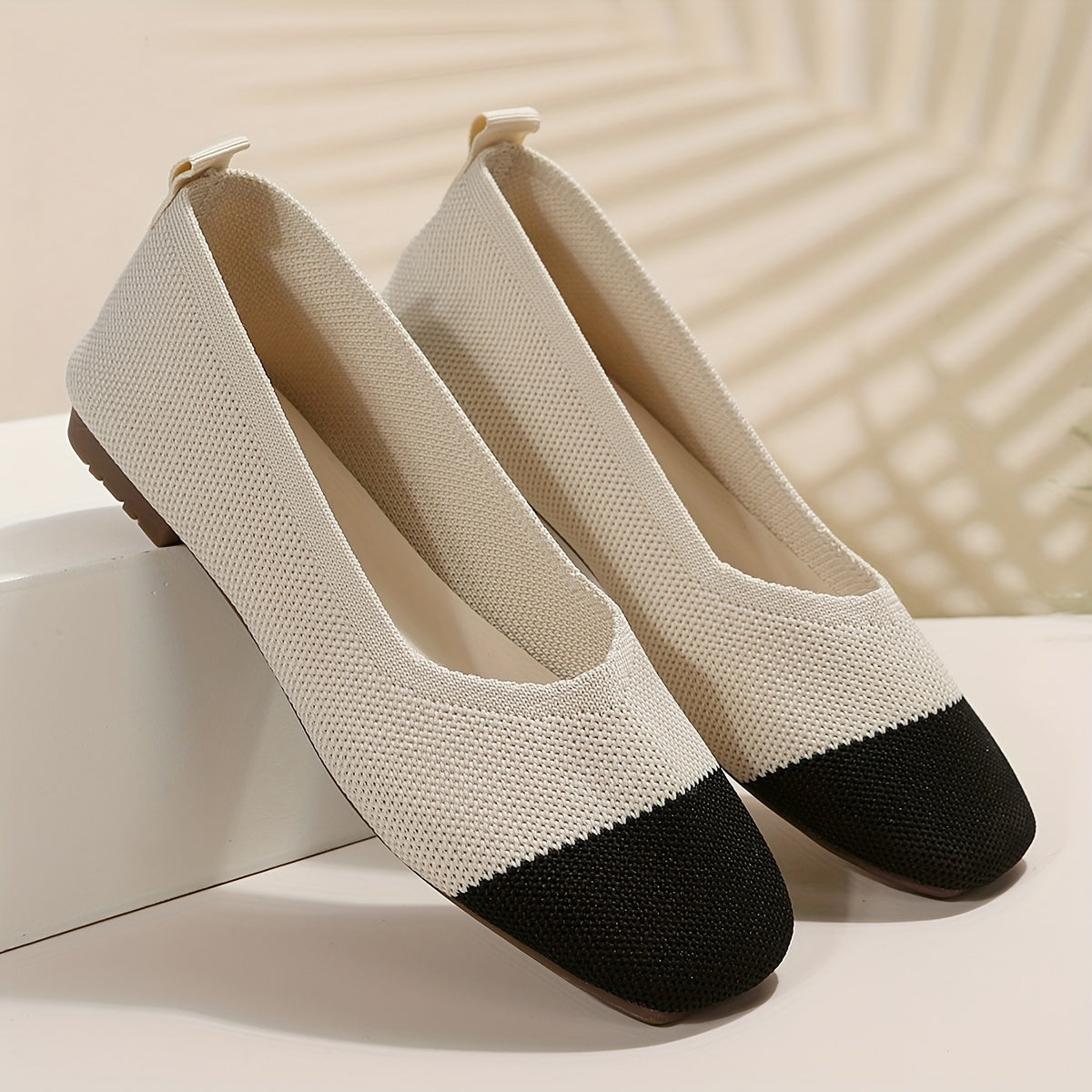 Women's Colorblock Knit Ballet Flats Square Toe Slip On Shoes
