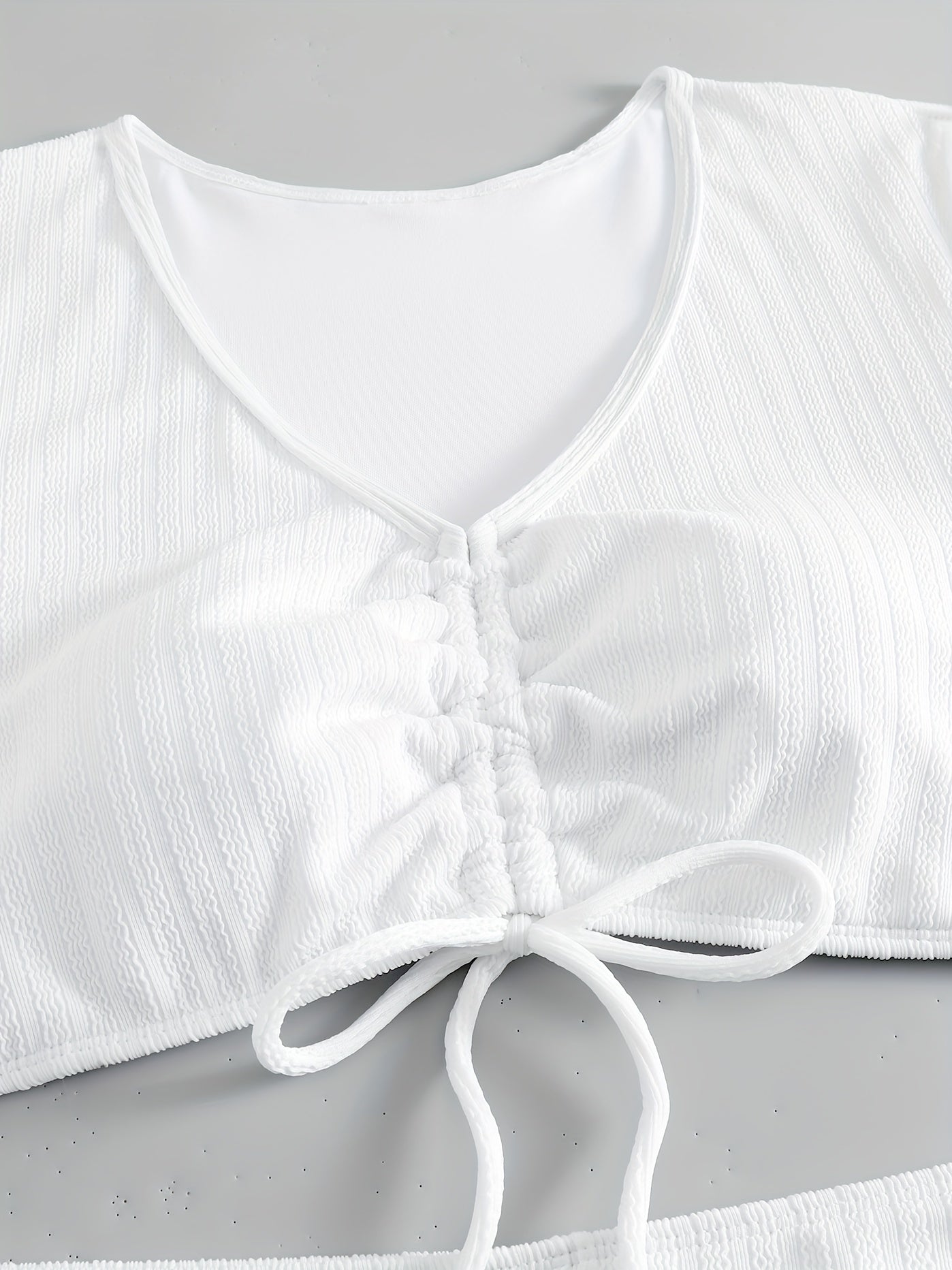 Casual Swimsuit Set Solid Ruched V Neck Crop Top