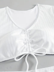 Casual Swimsuit Set Solid Ruched V Neck Crop Top