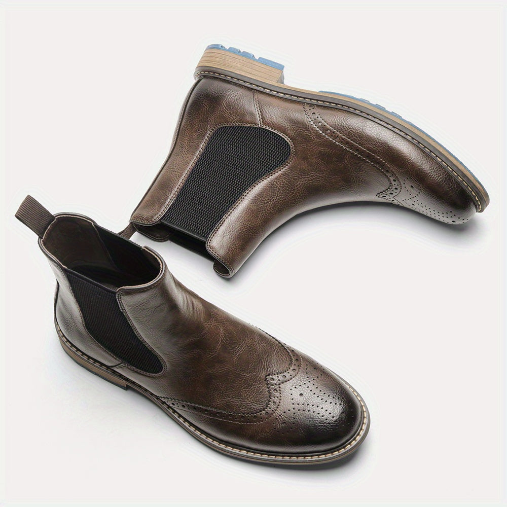 Men's Brogue Slip On Chelsea Boots Round Toe Ankle Boots