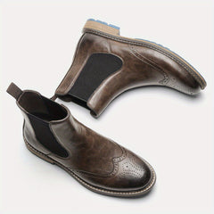 Men's Brogue Slip On Chelsea Boots Round Toe Ankle Boots