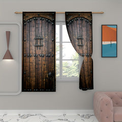 Wooden Door Pattern Curtains Retro Decorative Printed Soft Translucent Curtains