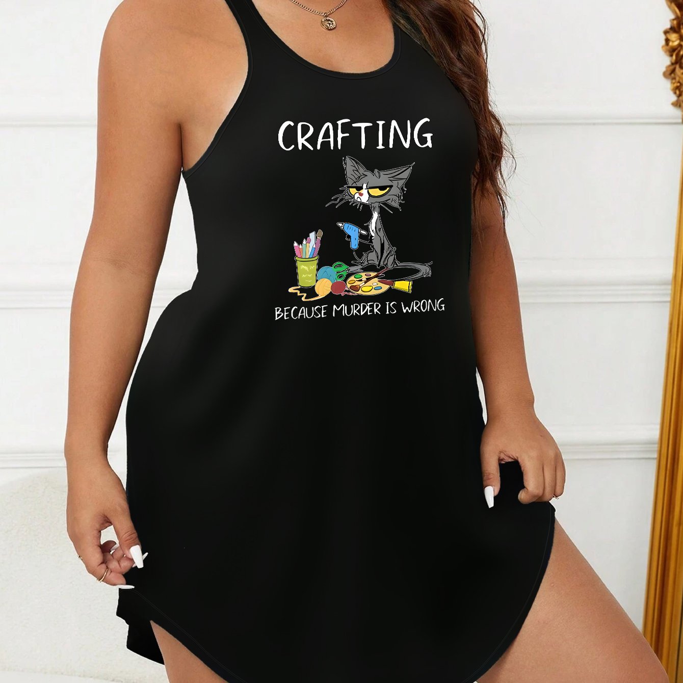 Plus Size Painter Cat & Slogan Print Tank Sleep Dress