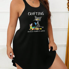 Plus Size Painter Cat & Slogan Print Tank Sleep Dress