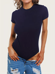 Solid Stretchy Skinny Bodysuit Soft Short Sleeve Crew Neck One Piece