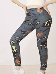 Halloween Sports Leggings Skull & Letter Print High Rise High Stretch