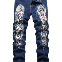 Men's Skull Print Jeans Streetwear Denim Pants