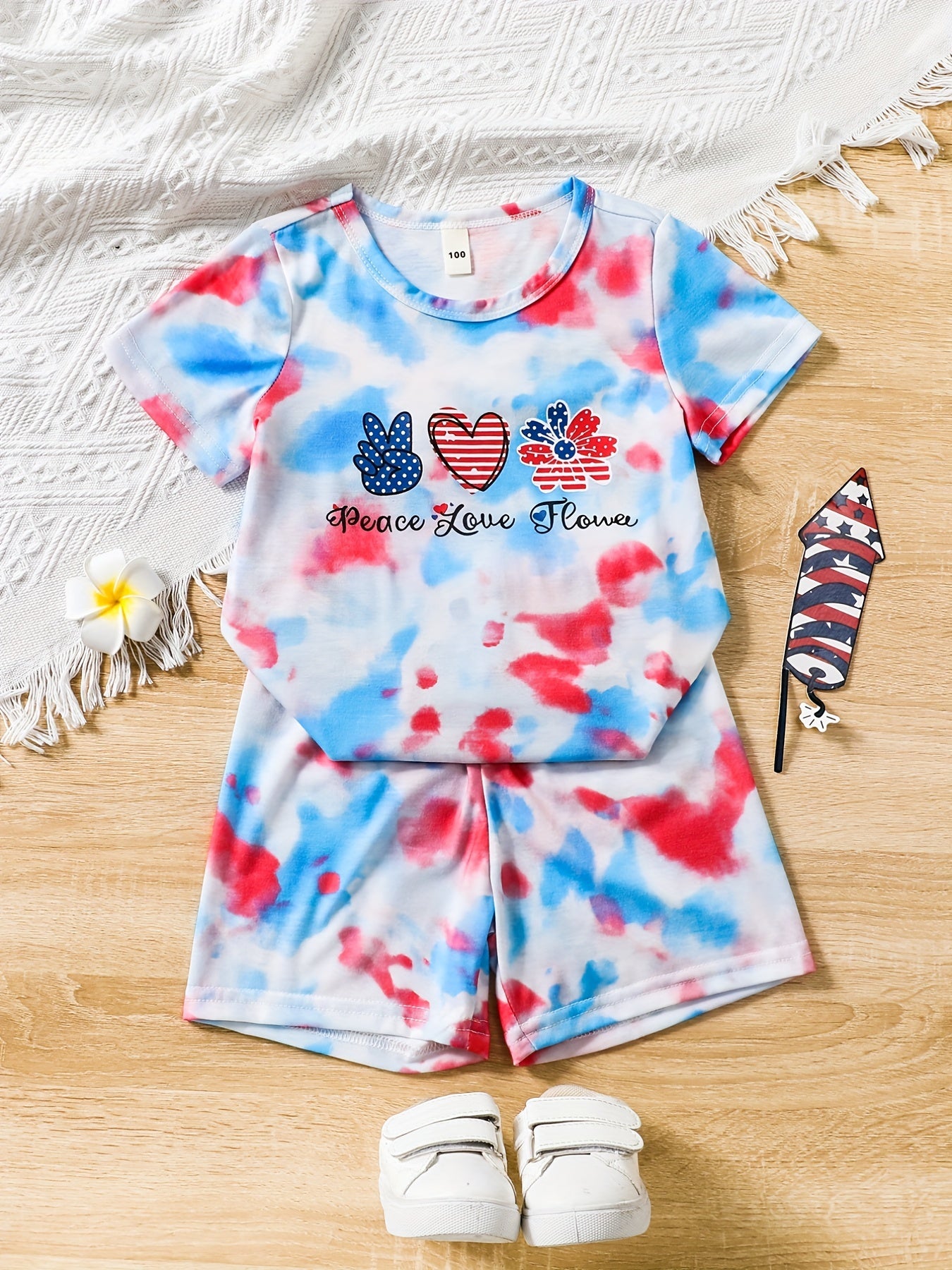2pcs Toddler Girls Gesture Flowers Tie Dye T Shirts & Track Shorts Set
