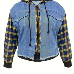 Colorblock Plaid Hooded Denim Jacket