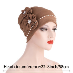 Ladies Pearl Two Flowers Turban Hat Retro Beanie Valentines