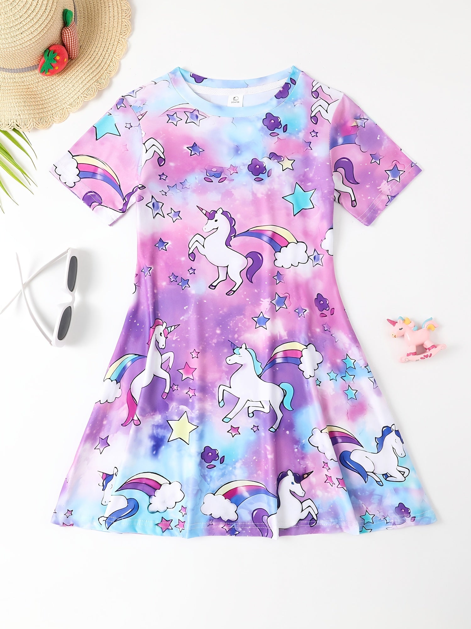 Girls Summer Unicorn Long Dress Short Sleeve Princess Dress