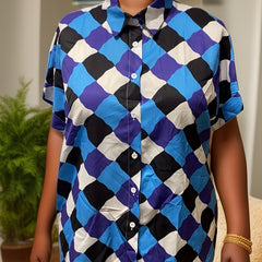 Argyle Print Button Up Short Sleeve Blouse