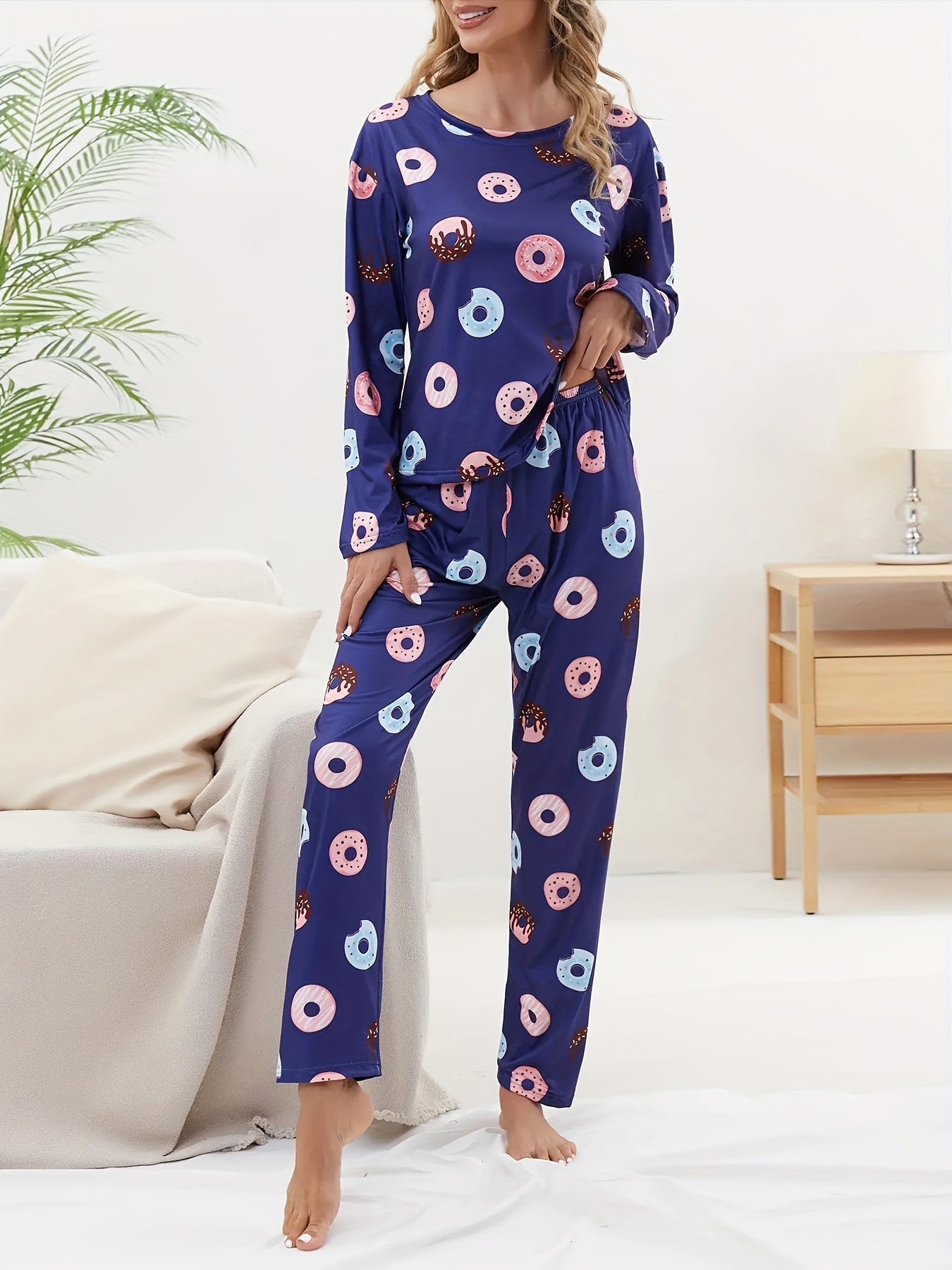 Donut Print Pajama Set Crew Neck Top & Pants Women's Sleepwear