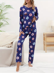 Donut Print Pajama Set Crew Neck Top & Pants Women's Sleepwear