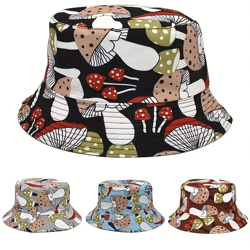 Mushroom Print Reversible Bucket Hat Unisex Outdoor Sun Cartoon Basin Hat