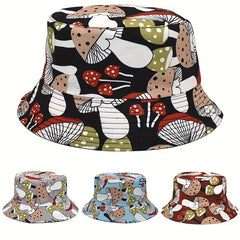 Mushroom Print Reversible Bucket Hat Unisex Outdoor Sun Cartoon Basin Hat