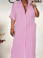 Women's Plus Stripe Print Button Up Maxi Shirt Dress