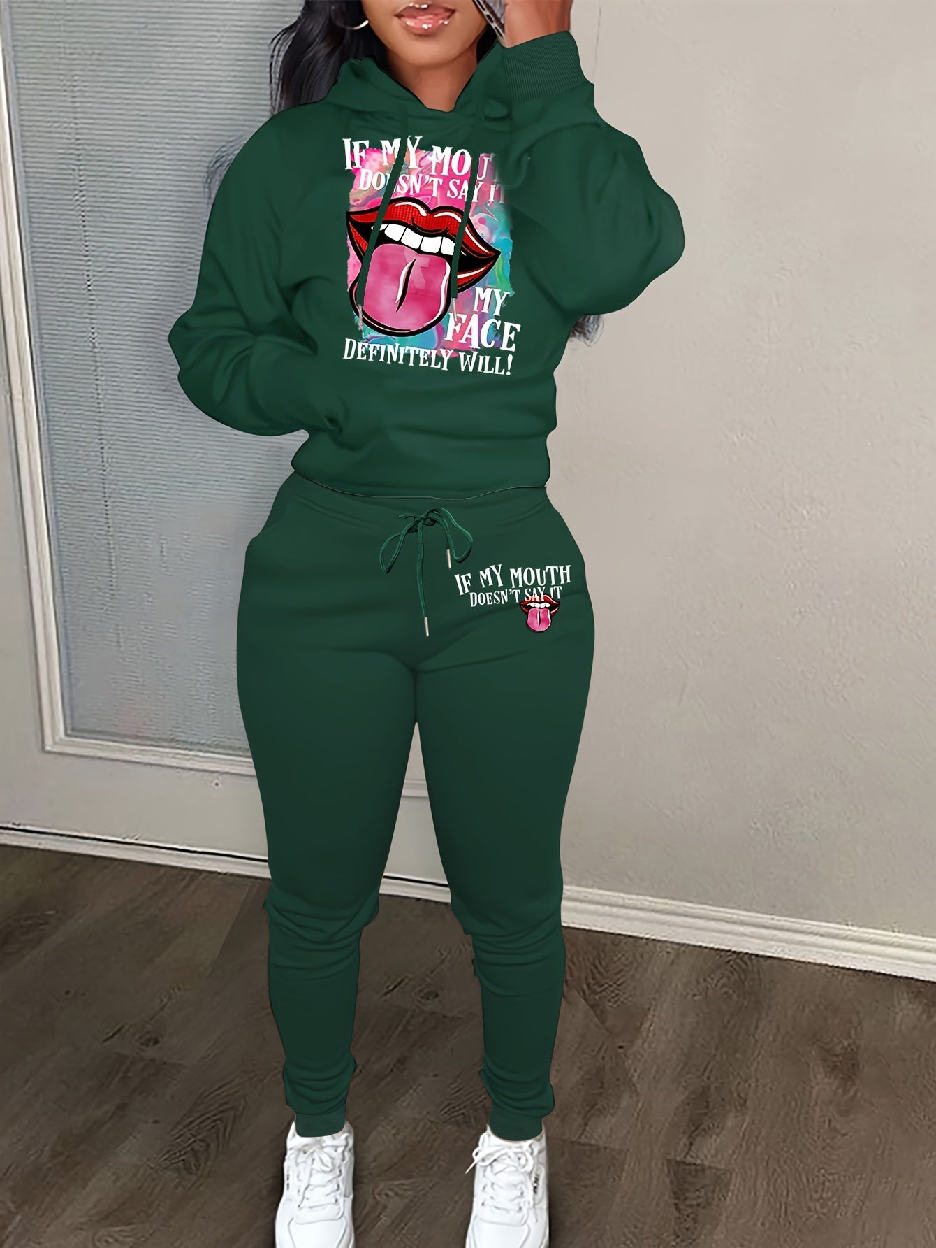 Lip & Slogan Print Hoodie & Joggers 2 Piece Set