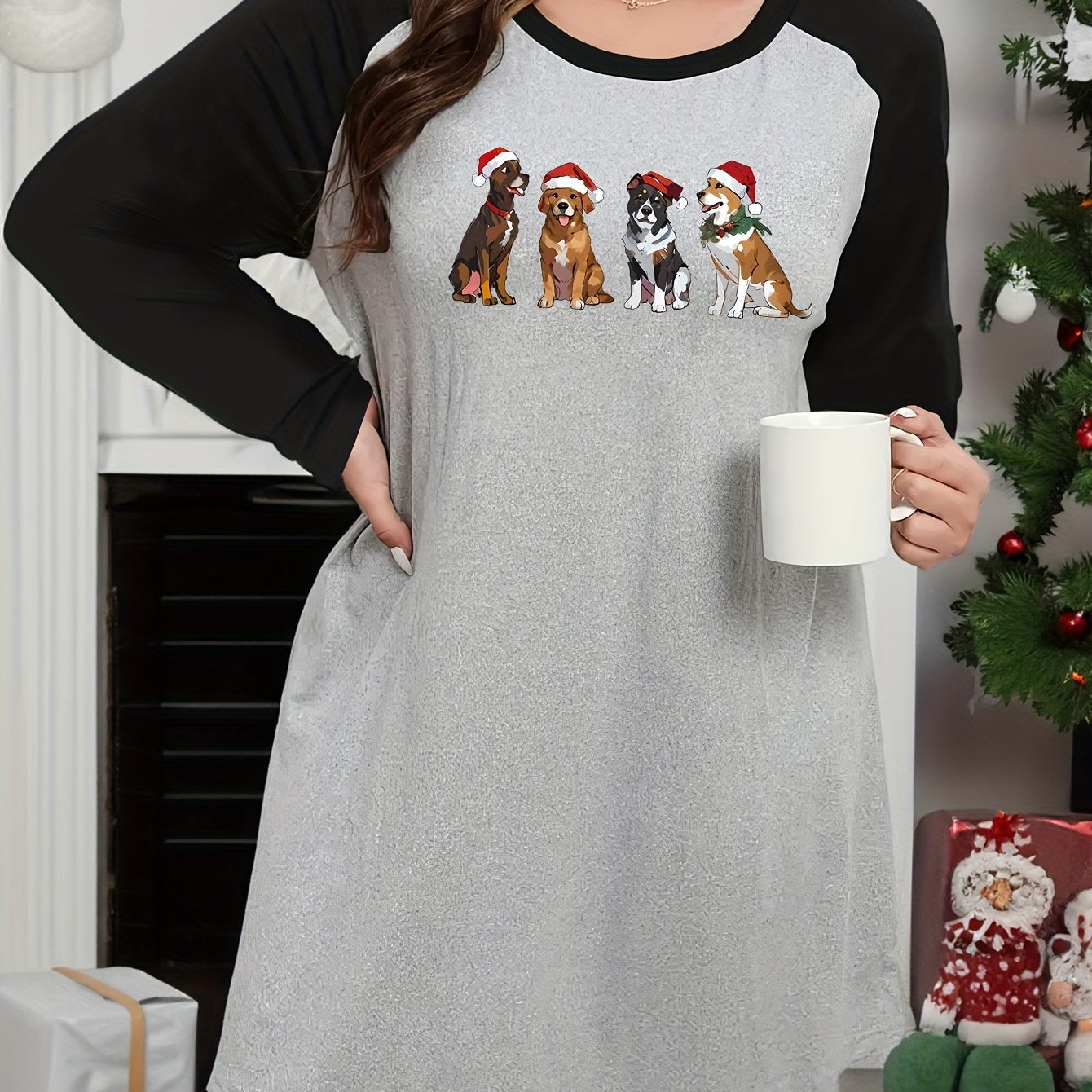 Christmas Lounge Dress Women's Plus Christmas Puppies Raglan Nightdres