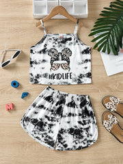 Girls Tie Dye Shorts Suit Graphic Cami Top & Shorts Set Kids Clothes