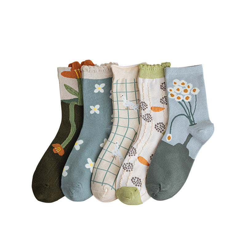 5 Pairs Floral Print Socks & Ruffle Curling Stockings