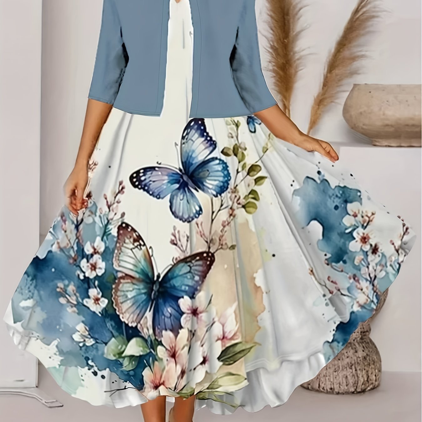 Two Piece Set - Open Front Overcoat & Floral Tank Dress