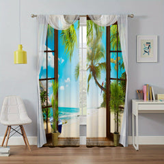 2pcs 3D Beach Landscape Window Curtains Rod Pocket Style Home Decor